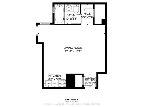 Floor plan for studio, 1 bath, 252 sqft